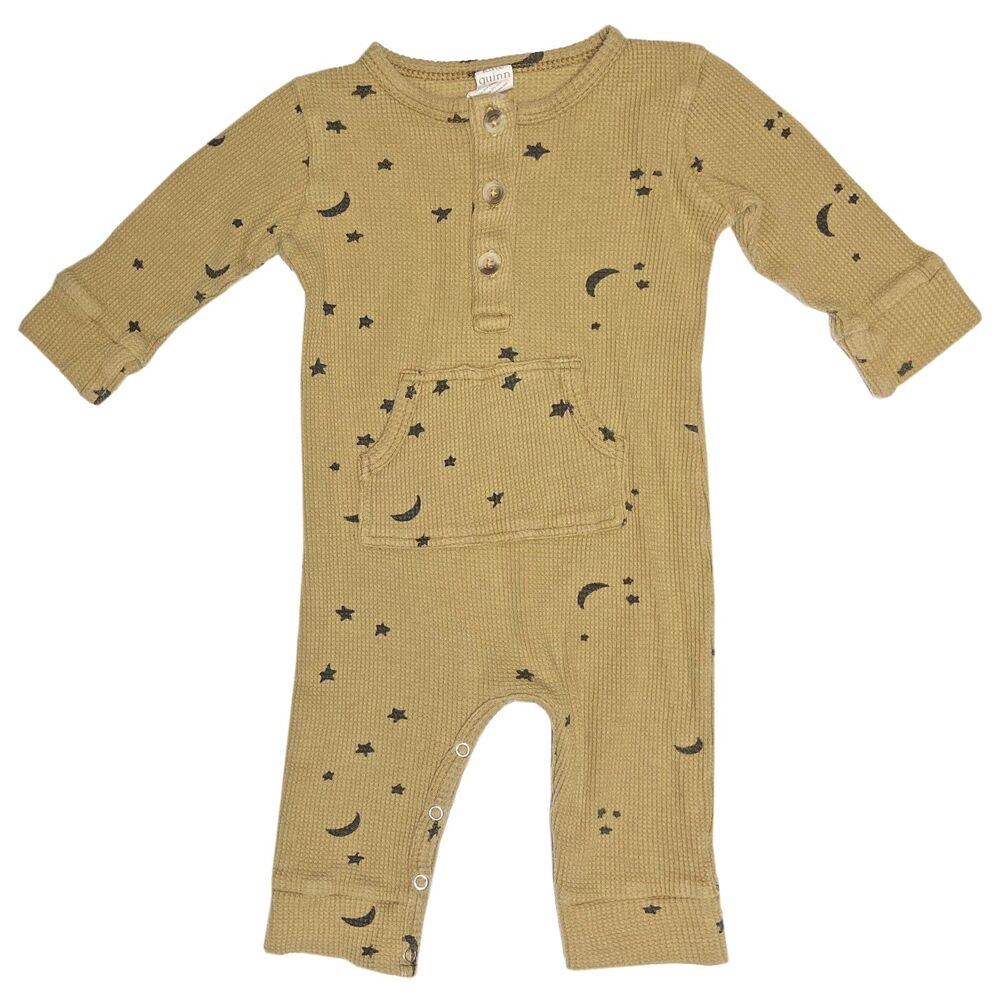 Kate Quinn Waffle Knit Button Romper Size 6-12 Months Olive Green Moon Stars
